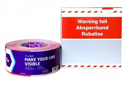 Изображение Norobežojošā brīdinājuma lente ar kasti, 75mm x 500m, sarkana/balta
