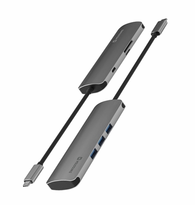 Attēls no Swissten USB-C Hub 6in1 with 3X USB 3.0 / 1X USB-C Power Delivery / 1X microSD / 1X SD / Aluminum body