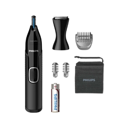 Picture of Philips Nose and ear trimmer NT5650/16 100% waterproof, AA-battery included, , precision comb, 2 eyebrow combs 3mm/5mm, on/off button, black