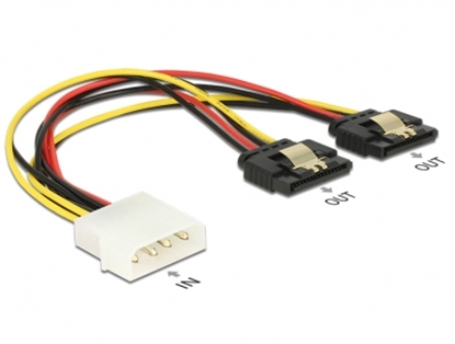 Attēls no Delock Cable Power Molex 4 pin male > 2 x SATA 15 pin receptacle metal 20 cm