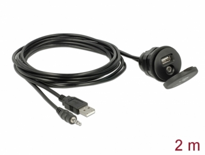 Изображение Delock Cable USB Type A male + 3.5 mm 4 pin stereo jack male > female bulkhead with closure cap USB Type A female + 3.5 mm 4 pin
