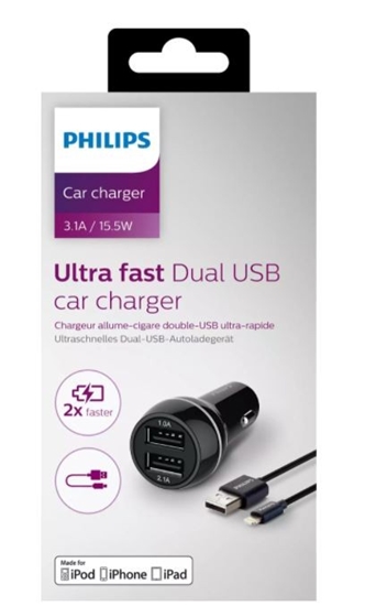 Изображение Philips Dual Car Charger 15W mit Apple Lightning Kabel MFI
