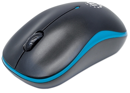 Picture of Manhattan Success Wireless Mouse, Black/Blue, 1000dpi, 2.4Ghz (up to 10m), USB, Optical, Three Button with Scroll Wheel, USB micro receiver, AA battery (included), Low friction base, Three Year Warranty, Blister