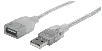 Picture of Manhattan USB-A to USB-A Extension Cable, 1.8m, Male to Female, 480 Mbps (USB 2.0), Hi-Speed USB, Translucent Silver, Lifetime Warranty, Polybag