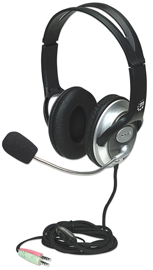 Изображение Manhattan Stereo Over-Ear Headset (3.5mm) (Clearance Pricing), Microphone Boom (padded), Adjustable Steel Headband, In-Line Volume Control, Ear Cushions, Std 2x 3.5mm stereo jack/plug for audio/mic use, cable 2.5m, 3 Year Warranty