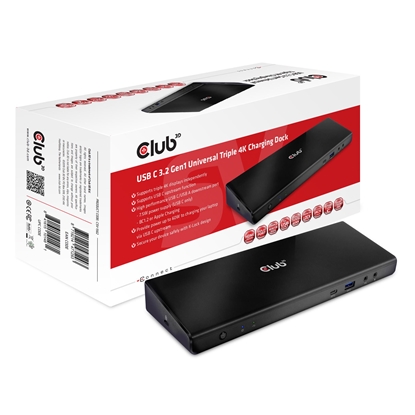 Attēls no CLUB3D The CSV-1562 is an USB3.2 Gen1 Type-C Universal Triple 4K30Hz Charging Docking Station and is DisplayLink® Certified. The Universal Charging Dock