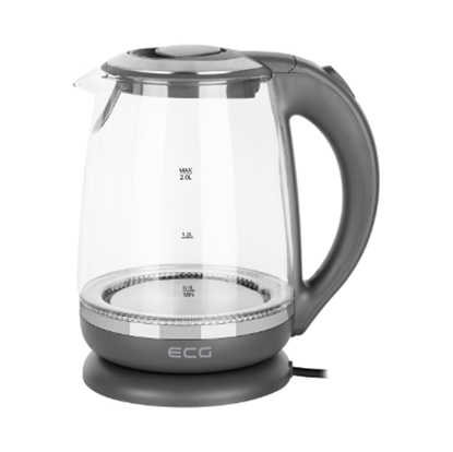 Изображение ECG Electric kettle RK 2020 Grey Glass, 2 L, 360° base with power cord storage, Blue backlight, 1850-2200 W