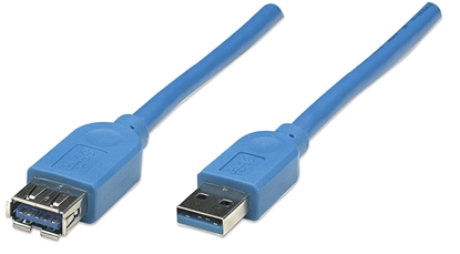 Picture of Manhattan USB-A to USB-A Extension Cable, 2m, Male to Female, Blue, 5 Gbps (USB 3.2 Gen1 aka USB 3.0), Equivalent to USB3SEXT2MBK (except colour), SuperSpeed USB, Lifetime Warranty, Polybag