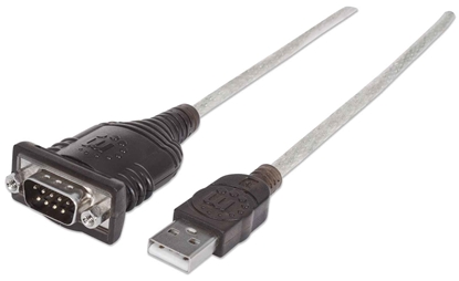 Picture of Manhattan USB-A to Serial Converter cable, 45cm, Male to Male, Serial/RS232/COM/DB9, Prolific PL-2303RA Chip, Equivalent to Startech ICUSB232V2, Black/Silver cable, Three Year Warranty, Polybag