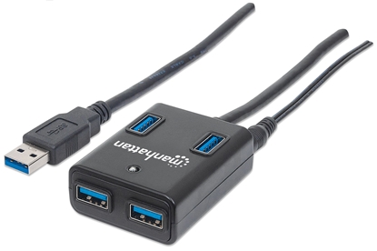 Attēls no Manhattan USB-A 4-Port Hub, 4x USB-A Ports, 5 Gbps (USB 3.2 Gen1 aka USB 3.0), AC or Bus Power, Fast charge up to 0.9A per port with inc power adapter, SuperSpeed USB, Black, Three Year Warranty, Blister (With Euro 2-pin plug)
