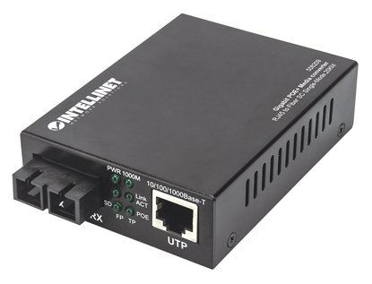Attēls no Intellinet Gigabit PoE+ Media Converter, 1000Base-T RJ45 Port to 1000Base-LX (SC) Single-Mode, 20 km (12.4 mi.), PoE+ Injector (Euro 2-pin plug)
