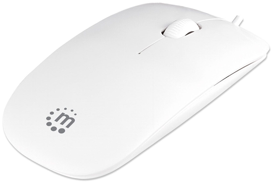 Picture of Manhattan Silhouette Sculpted USB Wired Mouse, White, 1000dpi, USB-A, Optical, Lightweight, Flat, Three Button with Scroll Wheel, Three Year Warranty, Blister