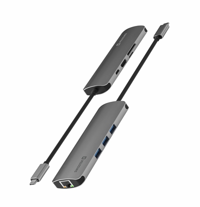 Attēls no Swissten USB-C Hub 8in1 with 3X USB 3.0 / 1X USB-C Power Delivery / 1X microSD / 1X SD / 1x HDMI 4K / 1x LAN RJ45 / Aluminum body