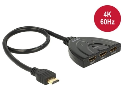 Attēls no Delock HDMI UHD Switch 3 x HDMI in > 1 x HDMI out 4K with integrated cable 50 cm