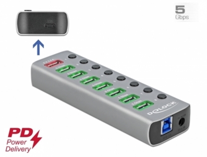 Picture of Delock USB 3.2 Gen 1 Hub with 7 Ports + 1 Fast Charging Port + 1 USB-C™ PD 3.0 Port with Switch and Illumination