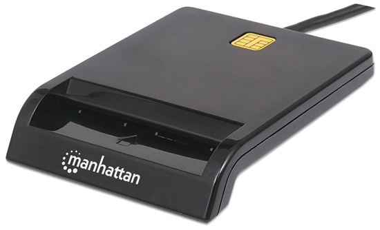 Picture of Manhattan USB-A Contact Smart Card Reader, 12 Mbps, Friction type compatible, External, Windows or Mac, Cable 105cm, Black, Three Year Warranty, Blister