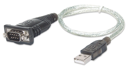Picture of Manhattan USB-A to Serial Converter cable, 45cm, Male to Male, Serial/RS232/COM/DB9, Prolific PL-2303RA Chip, Black/Silver cable, Three Year Warranty, Equivalent to ICUSB232V2