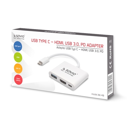 Pilt SAVIO AK-48 USB Typ C - HDMI, USB 3.0, PD, USB Type-C White