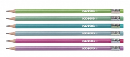 Изображение Grafīta zīmuļu komplekts KORES GRAFITOS STYLE ar dzēšgumiju, trīsstūrveida, HB, 6 zīmuļi ar metāla krāsas korpusiem