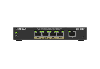 Attēls no NETGEAR 5-Port Gigabit Ethernet PoE+ Plus Switch (GS305EP) Managed L2/L3 Gigabit Ethernet (10/100/1000) Power over Ethernet (PoE) Black
