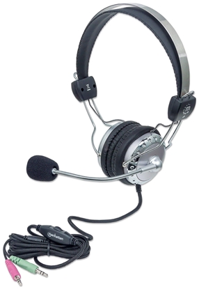 Picture of Manhattan Stereo Over-Ear Headset (3.5mm) (Clearance Pricing), Microphone Boom (padded), Adjustable Steel Headband, In-Line Volume Control, Ear Cushions, Std 2x 3.5mm stereo jack/plug for audio/mic use, cable 2.5m, 3 Year Warranty