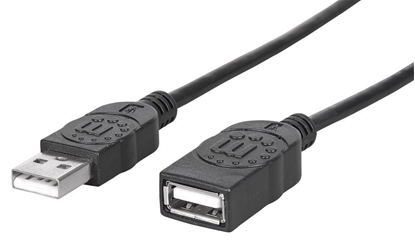 Picture of Manhattan USB-A to USB-A Extension Cable, 1.8m, Male to Female, 480 Mbps (USB 2.0), Equivalent to Startech USBEXTAA6BK, Hi-Speed USB, Black, Lifetime Warranty, Polybag