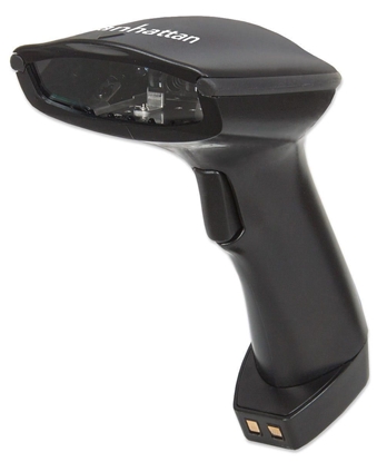 Picture of Manhattan Wireless Linear Handheld CCD Barcode Scanner, Bluetooth, 500mm Scan Depth, up to 80m effective range (line of sight), Max Ambient Light 100,000 lux (sunlight), EU/US/UK/AU interchangeable plug, Black, Three Year Warranty, Box