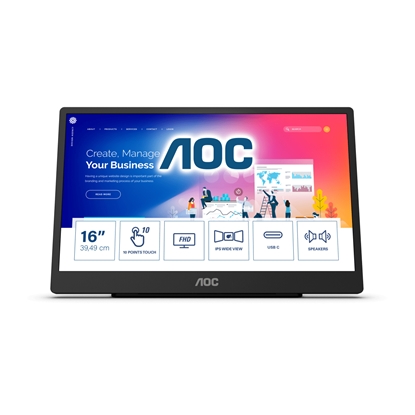 Picture of AOC 16T2 touch screen monitor 39.6 cm (15.6") 1920 x 1080 pixels Multi-touch Black