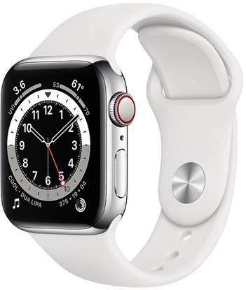 Picture of Apple Watch 6 GPS + Cellular 40mm Stainless Steel Sport Band, silver/white (M06T3EL/A)