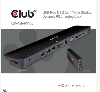 Attēls no CLUB3D USB Type C 3.2 Gen1 Triple Display Dynamic PD Charging Dock 100W PD Power charger