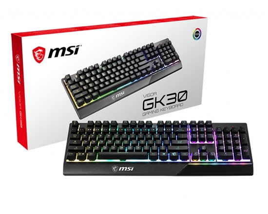Picture of MSI VIGOR GK30 RGB MEMchanical Gaming Keyboard ' DE Layout, MECH. Membrane switches, 6-Zone RGB Lighting, RGB Mystic Light, water repellent keyboard design'