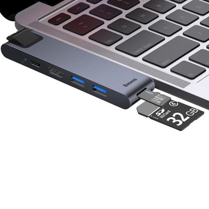 Attēls no Baseus CAHUB-L0G 7 in 1 Dock Station For MacBook / HDMI / 2 x USB 3.0 / USB-C / RJ45 / SD / Micro SD Thunderbolt C+