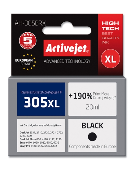 Изображение Activejet AH-305BRX ink (replacement for HP 305 XL 3YM62AE; Premium; 20 ml; black)
