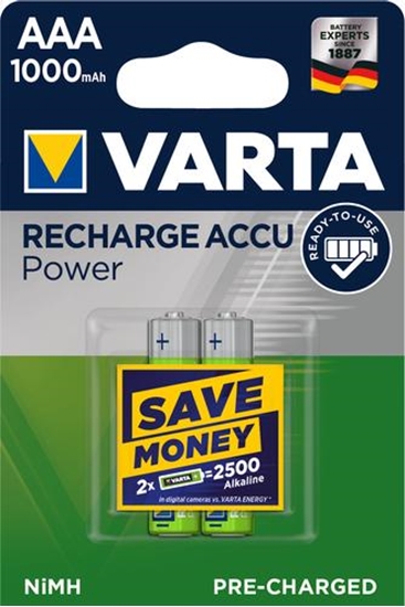 Picture of 1x2 Varta Rechargeable Accu AAA Ready2Use NiMH 1000 mAh Micro