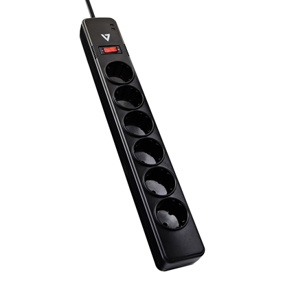 Изображение V7 6-Schuko Outlet Home/Office Surge Protector, 1.8m Cord, 1050 Joules, Black