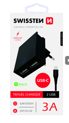 Изображение Swissten Travel Charger USB 3А / 15W With USB-C Cable 1.2m