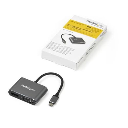Attēls no StarTech.com USB C Multiport Video Adapter - USB-C to 4K 60Hz DisplayPort 1.2 or 1080p VGA Monitor Adapter - USB Type-C 2-in-1 DP (HBR2 HDR)/VGA Display Converter- Thunderbolt 3 Compatible