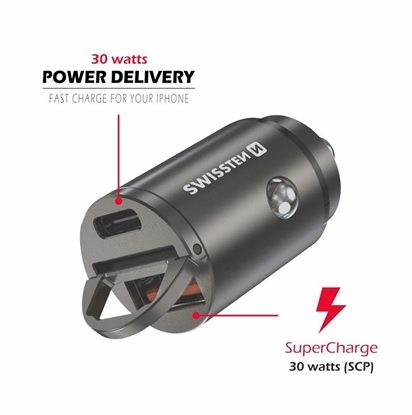 Изображение Swissten 30W Nano Metal Car Charger Adapter with 30W PD / SCP