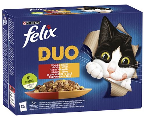 Изображение Felix Fantastic Duo Country Flavours with Beef and Poultry, Chicken, Tzatziki, Lamb, Veal, Turkey and Liver in Jell-O -12 x 85g