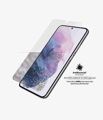Attēls no PanzerGlass | Samsung | Galaxy S22 | Tempered glass | Transparent | Case friendly. Compatible with ultrasonic fingerprint sensor. 100 % touch sensitivity. Antibacterial (ISO 22196 certified & JIS 22810 approved) | Screen Protector