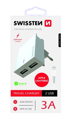 Attēls no Swissten Premium Travel Charger 2x USB 3А / 15W With Lightning Cable 1.2m