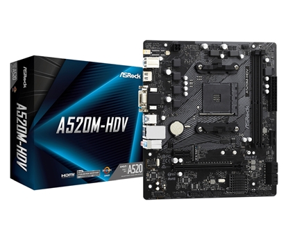 Attēls no ASRock A520M-HDV Processor family AMD, Processor socket AM4, DDR4 DIMM, Memory slots 2, Supported hard disk drive interfaces 	SATA, M.2, Number of SATA connectors 4, Chipset AMD A520, Micro ATX