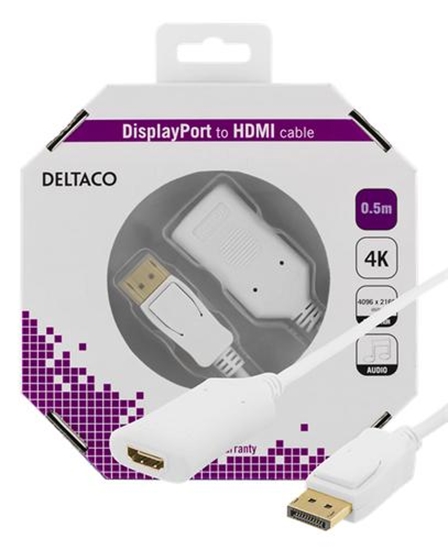 Picture of Kabelis DELTACO DP-HDMI, 4K i 60Hz, aktivus, HDCP 2.2, 3D, 0,5m, baltas / DP-HDMI35-K