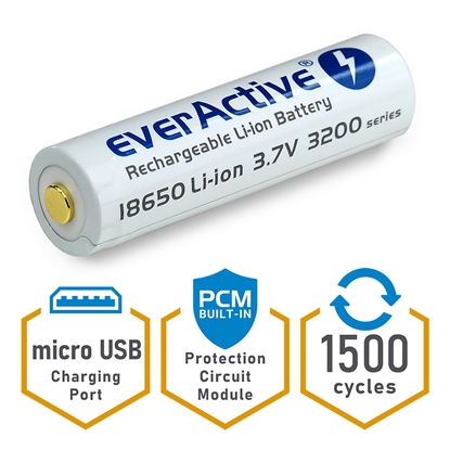 Attēls no Battery everActive 18650 3.7V Li-ion 3200mAh micro USB with protection BOX