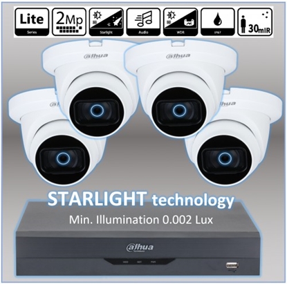 Изображение Videonovērošanas komplekts STARLIGHT- 4x vandāldrošas kupolveida kameras+DVR+Kabeļi+Barošanas bloki