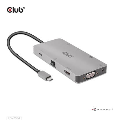 Picture of CLUB3D USB Gen1 Type-C 9-in-1 hub with HDMI, VGA, 2x USB Gen1 Type-A, RJ45, SD/Micro SD card slots and USB Gen1 Type-C Female port
