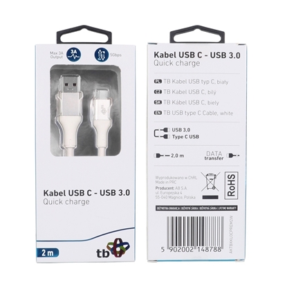 Изображение Kabel USB 3.0 - USB C 2m PREMIUM 3A biały TPE 
