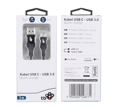 Attēls no Kabel USB 3.0 - USB C 2m PREMIUM 3A czarny TPE