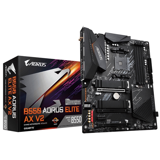 Picture of Gigabyte B550 AORUS ELITE AX V2 Motherboard - Supports AMD Ryzen 5000 Series AM4 CPUs, 12+2 Phases Digital Twin Power Design, up to 4733MHz DDR4 (OC), 2xPCIe 3.0 M.2, WiFi 6E, 2.5GbE LAN, USB 3.2 Gen1