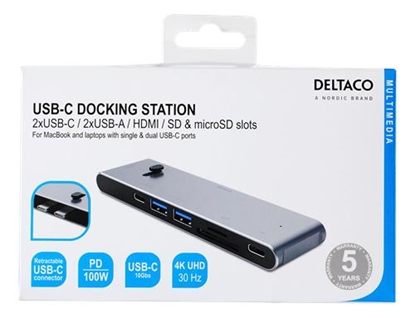 Attēls no Adapter USB Deltaco USB-C jungčių stotelė DELTACO USB-C į HDMI/DisplayPort/USB-A/USB-C/atminties kortelės skaitytuvas, 3840x2160, PD 100W, pilka / USBC-HDMI21